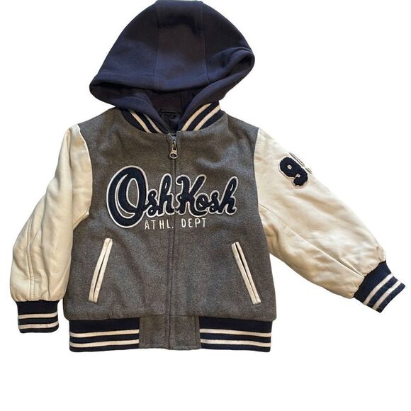 Osh Kosh B’gosh hooded varsity style faux leather sleeve & appliqué jacket 2T - Picture 1 of 12